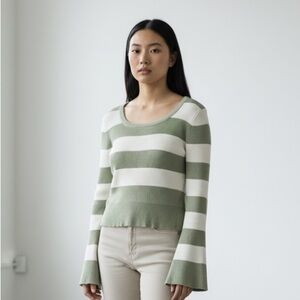 Madden Girl Y2K Ribbed Crop Top | Sage Green Stripe Flare Sleeve L
